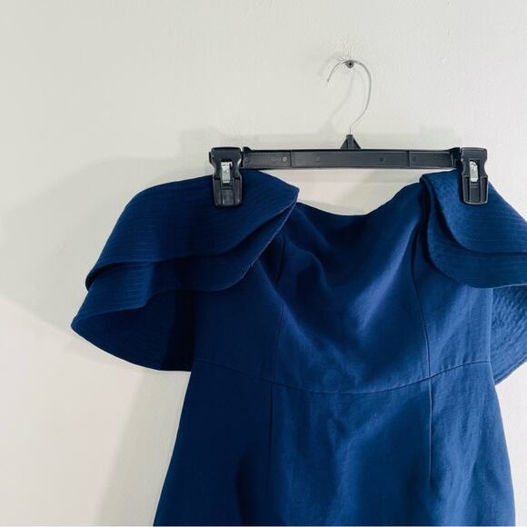 C/MEO Collective Navy Blue Ruffle Off Shoulder Crepe Slit Front Cocktail Medium - Picture 4 of 12